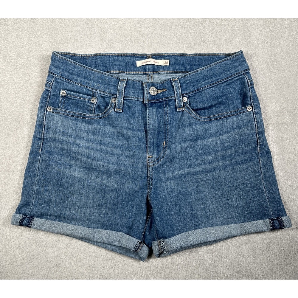 Levis Mid Length Denim Shorts Womens 28 Blue Cuffed Stretch 29965-0070